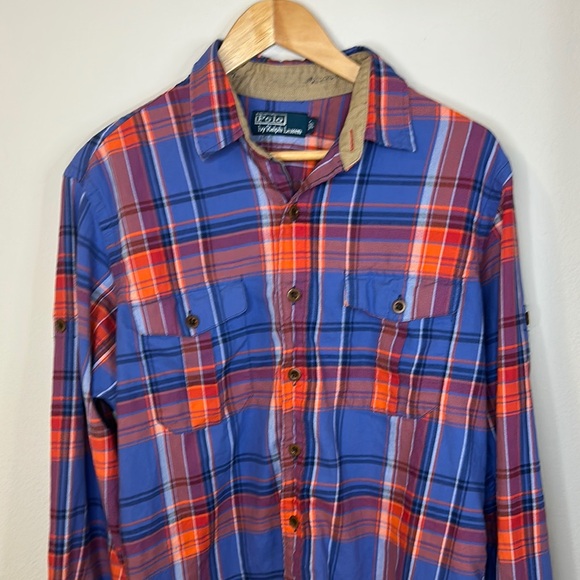 Polo by Ralph Lauren Men's Blue and Orange Plaid Shirt - Picture 3 of 4
